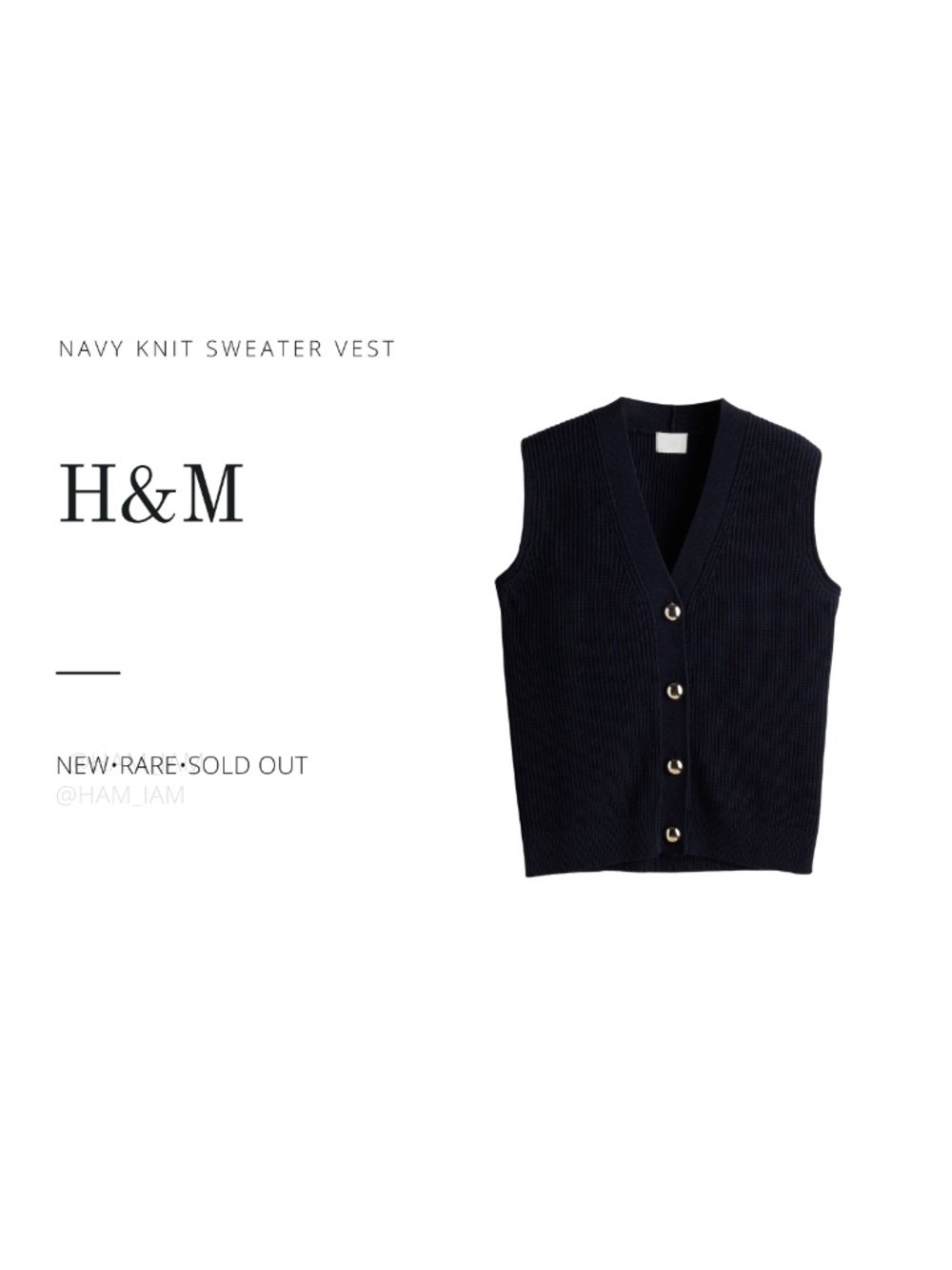 NEW SOLD OUT H&M Dark Navy Blue & Gold Button Knit Sweater Vest